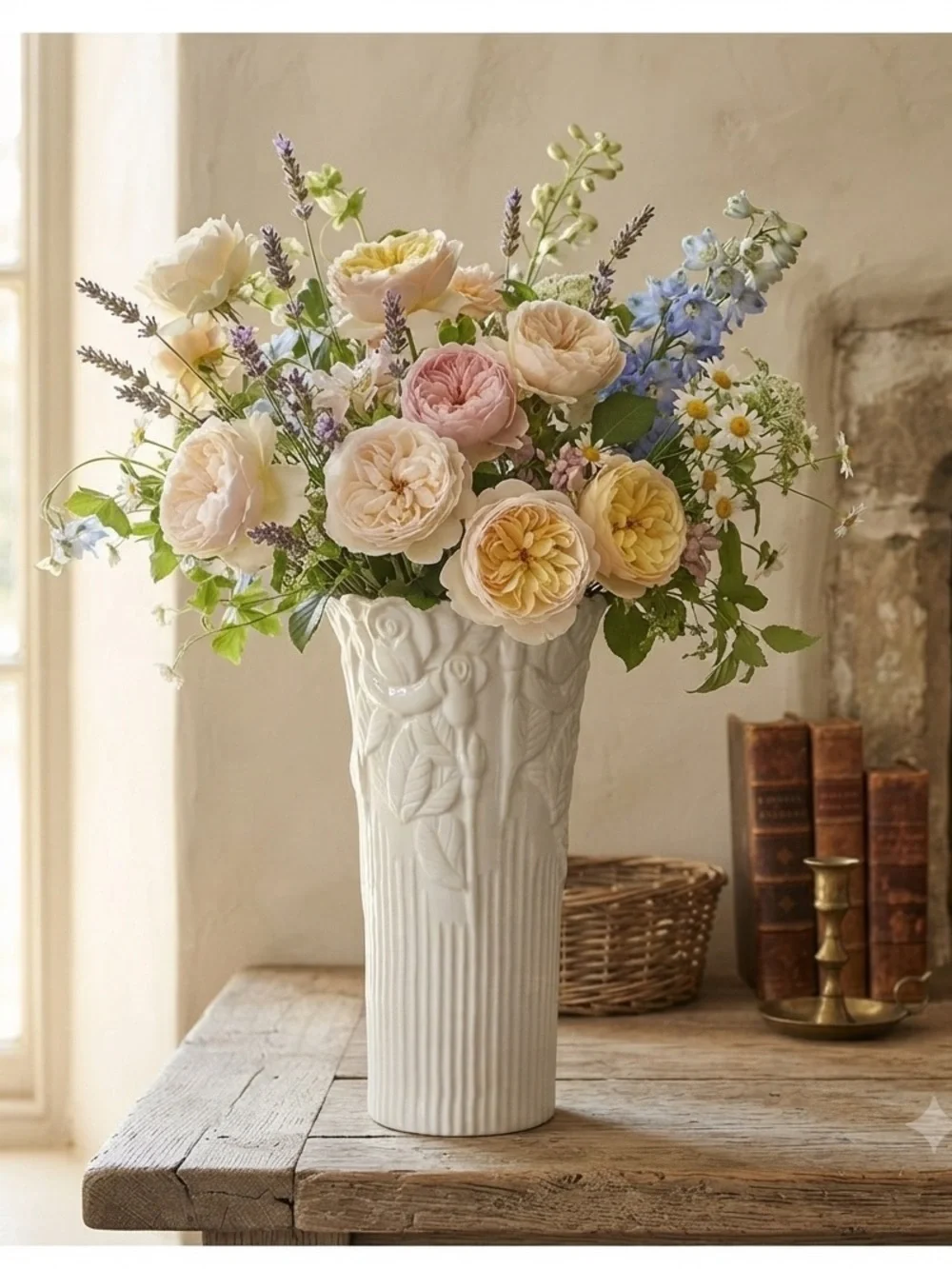 Beautiful Glazed  White Vase with Rose Floral  Pattern 10